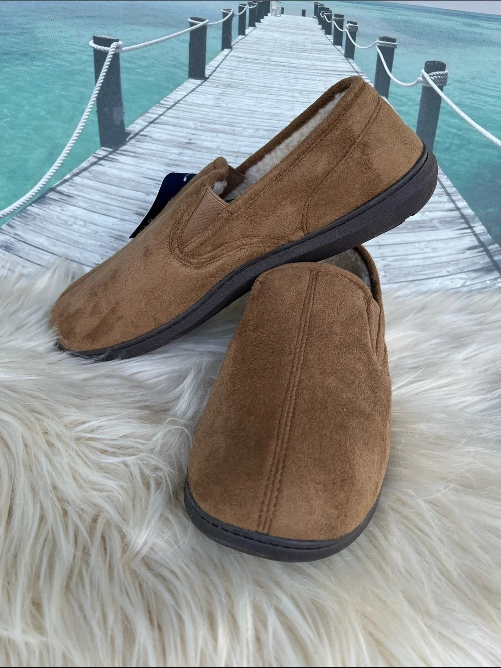George Men's Tan Brown Suede-Look Fleece Lined Slip-On Slippers